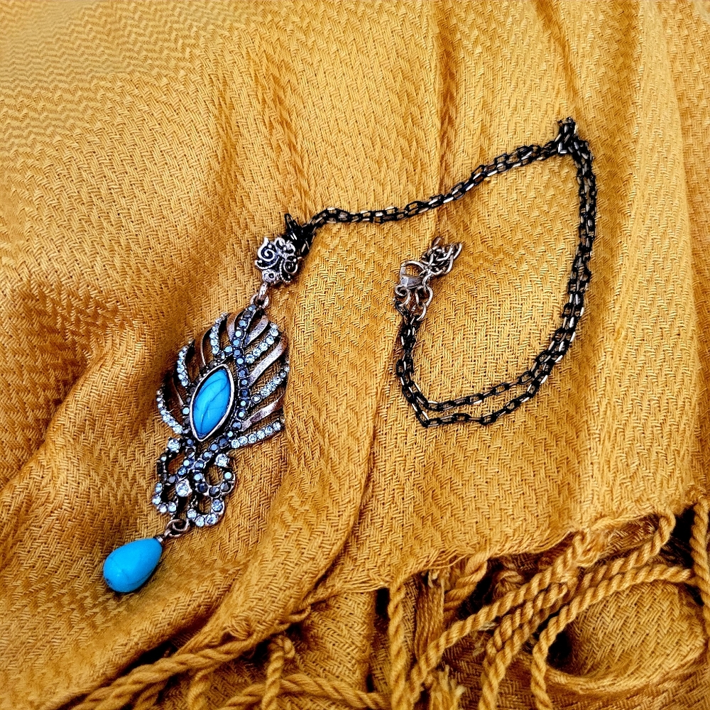 East of India Boho Turquoise Faux Bronze Pendant Crystal Gemstones Necklace - Picture 7 of 12